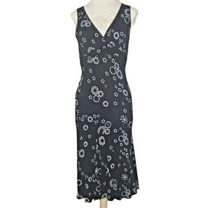 Blu Sand Midi Dress S Black White Floral Lace Trim V Neck Gored Ruffled Bottom